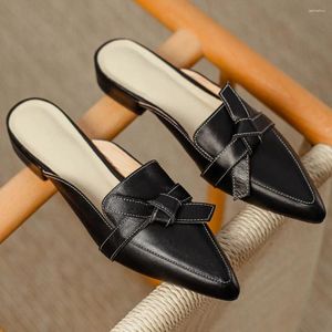 Casual schoenen dames echt leer puntige teen slip-on flats muilezels vrije tijd zachte comfortabele zomer glides dagelijkse zoete strik sandalen