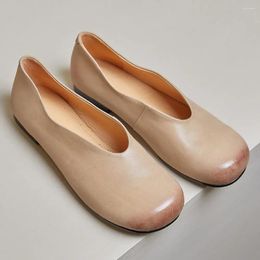 Chaussures décontractées en cuir authentique en cuir rond à slip-on ballet flats loisirs doux confortables ballerians femelles quotidiennes pour les femmes