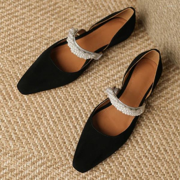 Chaussures décontractées Femmes Mary Jane Flats Natural Suede en cuir en cuir Bande de perles pointu