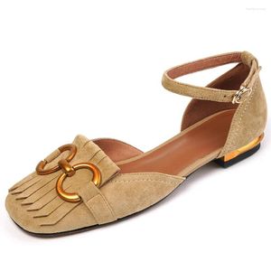 Casual schoenen Dames Natural Suede lederen enkelriem Flats Dagelijkse enkele vierkante teen randketen Decoratie Zomersandalen uitverkoop