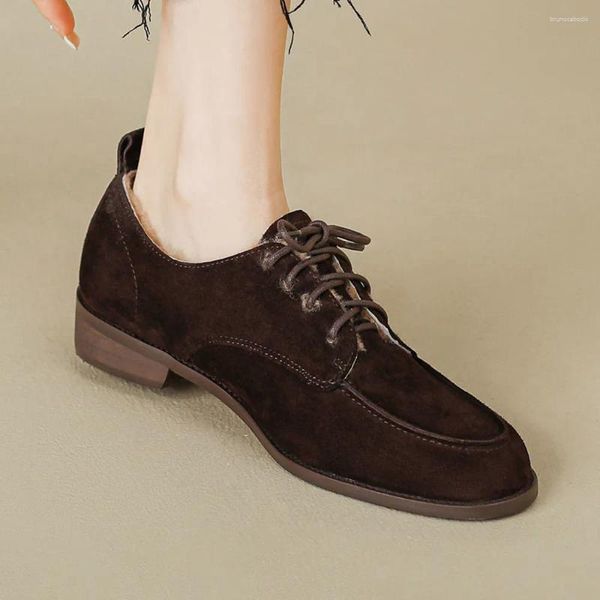 Chaussures décontractées pour femmes en cuir en daim naturel à l'intérieur à lacets appartements hiver oxfords lointains doux confortable haute qualité quotidien