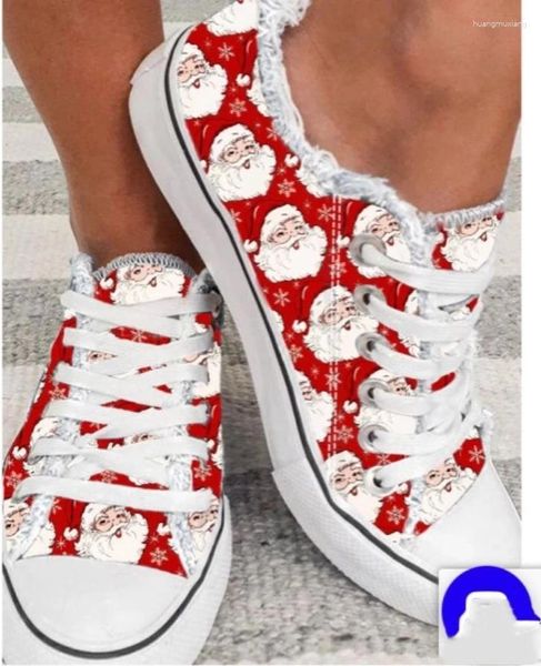 Chaussures décontractées Canvas à imprimé rouge pour femmes Plus de taille de Noël Lacet Up Flat Vulcanie Shoe Bouche peu profonde Bneakers confortables