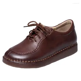 Chaussures décontractées Vintage en cuir véritable pour femmes, talon bas manuel, lacets, semelle souple, plate, unique, Tendon de vache, loisirs