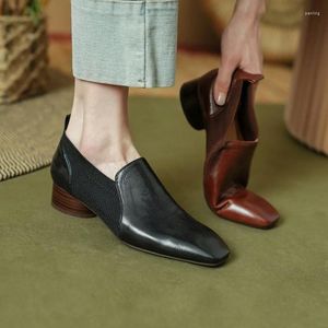 Casual schoenen vrouwen eenvoudige schapenveer Leer Loafers Echt lederen Squaretoe Woman Quality Slip-on vintage jurk werk