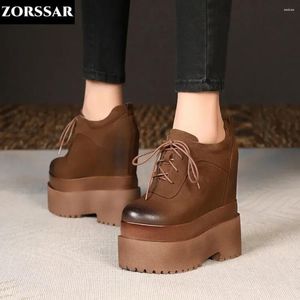 Casual schoenen dames sneakers lederen platform trainers bruin 16 cm hakken herfst wig ademende vrouw lengte toenemende