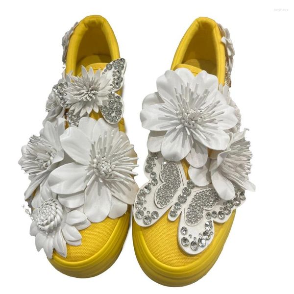 Chaussures décontractées Femmes Baskets Style personnel Jaune avec fleur blanche Cristal Bow Shine 3cm Plate-forme Confortable Haute Qualité Personnaliser