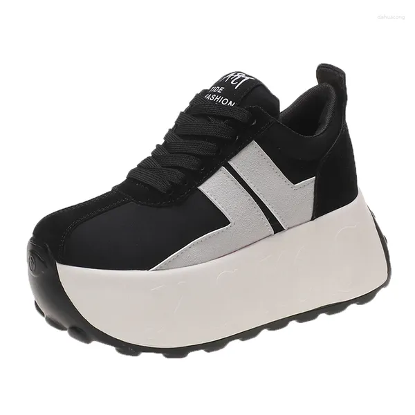 Zapatos casuales para mujeres Sports Sports 7.5cm Tacones de plataforma alta de plataforma Alojamiento de altura de cuña de cuero blanco cómodo