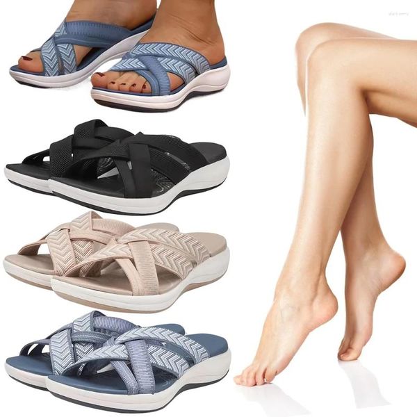 Chaussures décontractées pour femmes, pantoufles à coussin épais, large largeur, sangle croisée, diapositives à enfiler, plate-forme à bout ouvert, sandales compensées légères pour l'été