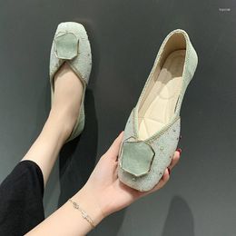 Chaussures décontractées femme printemps vert semelle douce enceinte carrée de tête d'eau diamant diamant grande taille haricot à fond plat à fond un pied