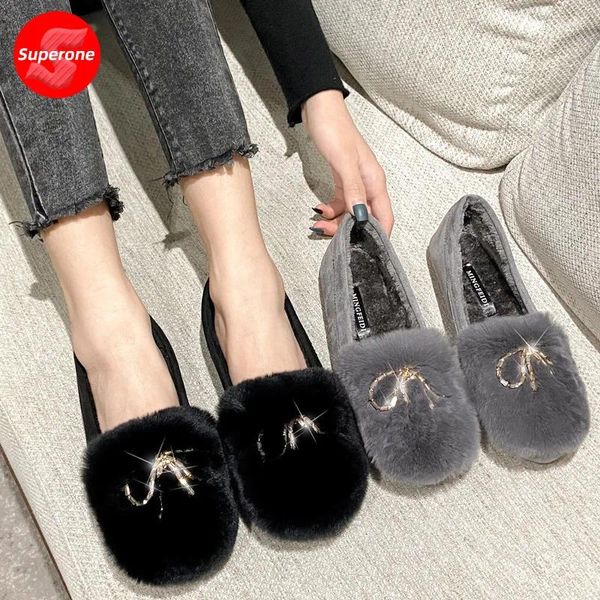 Zapatos informales de lana para mujer, ropa de invierno plana, 2024, hebilla de diamante de agua, frijol, red de terciopelo, rojo, talla grande 35-43, 2024