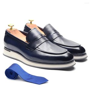 Chaussures décontractées Xebos Classic Designer Men's Penny Loafer Blue Geothe Suppine en cuir Slip-on Business Mariage Flat Robe Flat for Men