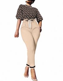 Casual manches courtes chemise pantalon ensemble bureau dame printemps automne imprimé chemisier à lacets pantalon deux pièces ensemble femmes tenue 2023 hauts E8Xq #