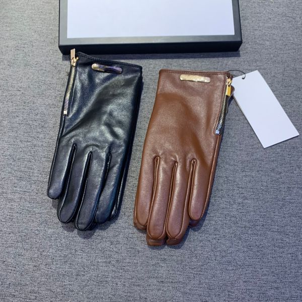 Gants décontractés en peau de mouton avec fermeture éclair latérale, mitaines haut de gamme de styliste et gants d'hiver en cuir d'agneau avec boîte