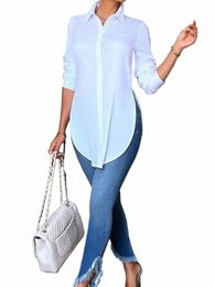 Casual Simple mi-longueur Lg manches femmes automne Blouses Fi chemise élégante hauts asymétriques tunique solide chemise élégante M4Om #