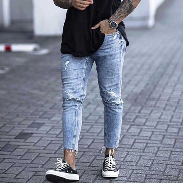 Casual Skinny Jeans Tobillo Longitud Ripped Denim Pantalón Cremallera Fly Hombres Ropa Cut Bottom Lápiz Pantalón Light Blue Cowboys Streetwear 210622