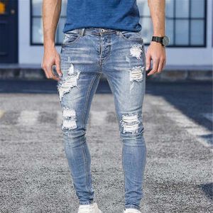 Pantalon skinny décontracté jeans de mode masculine Slim Fit Male Ripped Haut-qualité Stretch Trou Blue Denim Vêtements Biker Biker