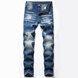 Casual Slim Fit Ripped Hole Jeans Bleu Foncé Mode Hommes Splash Ink Pantalon Printemps Été Denim Streetwear Taille 29-42 Pantalones