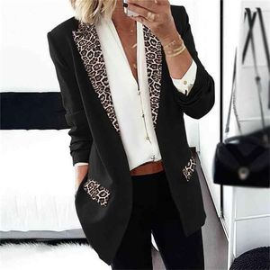 Casual Slim Léopard Patchwork Long Blazer Manteau Femme Veste Hiver Femme Élégant Bureau Lady Cardigan Mince Vestes Femmes 211122