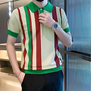 Casual Slim Stretch Gebreide Polo Shirts Mannen Luxe Gestreepte Patchwork Breien Tops Zomer Korte Mouw Knop Revers Heren T-shirt 240227