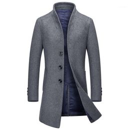 Chaqueta ajustada informal de mezcla de lana para hombre, abrigo largo con cuello levantado y una botonadura, moda de otoño e invierno, color negro, Ds508131, 2021