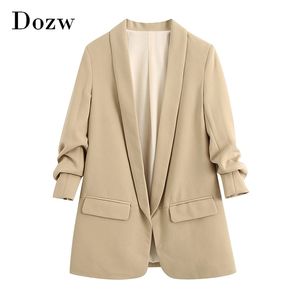 Casual solide blazer femmes vêtements d'extérieur châle col poches bureau manteau dame trois quarts manches élégant feminino 210515