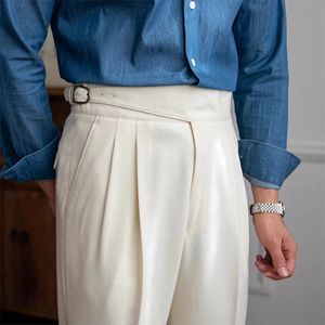 Casual vaste kleurpakbroek mannen Spring trendy riem hoge taille broek mannelijk zakelijk kantoor mode geplooid recht 24042222