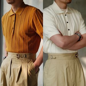 Polo décontracté en tricot solide pour hommes, vêtements à la mode, revers boutonné, manches courtes, tricoté, côtelé, mode d'été, Streetwear 240123