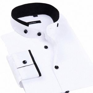 Casual Solid Lg Mouw But-down Shirt voor Mannen Chinese Stand Kraag Regular-fit Dikke Dr Shirt zwart Wit Shirts Mannelijke z7oW #