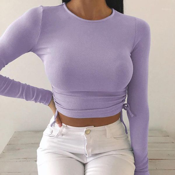 Top corto informal liso de manga larga con cuello redondo para mujer, camiseta blanca fruncida con cordón lateral, camiseta femenina para ropa 2022 para mujer