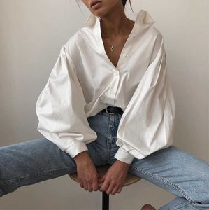 Casual Sólido Mujeres Oficina Camisas Outwear Tops Blusa de cuello vuelto con bolsillos Camisa de satén de gasa blanca Manga larga 210401