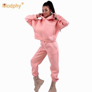 Casual Sportswear Épaissi Plus Polaire Femmes 2 Pièces Ensemble Hoodies Sweat Et Pantalon Costume Streetwear Automne Hiver Femme 210527