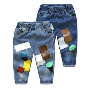 Casual Lente Herfst 2 10 Jaar 90 140 cm Knappe Kinderen Kleur Patchwork Pocket Elastische Cartoon Losse Denim Jeans voor Jongen 210701