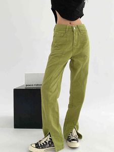 Casual lente vrouwen groene jeans broek hoge taille zakken losse vrouw brede pijpen denim broek dames vloer lengte spleet broek l220726