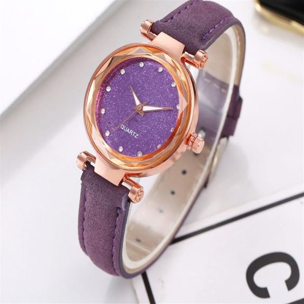 Casual Star Starry Sky Montre Bracelet en cuir poncé Argent Cadran diamant Quartz Femmes Montres Tempérament doux Dames Montres-bracelets247u