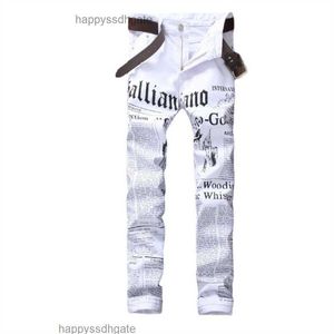 Pantalon en jean pour hommes et femmes, décontracté, tube droit, blanc, à la mode, streetwear, imprimé journal, tendance, 28-42