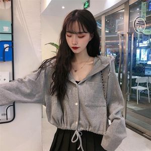 Casual stijl mode gloednieuwe herfst losse capuchon sweatshirt crop top hoodies dames hipster Koreaanse ulzzang dames tops overtollig t200311