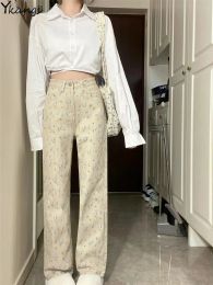 Casual stijl studenten y2k baggy beige jeans vrouwen bloemenprint vintage hoog taille los rechte Koreaanse kleding denim broek