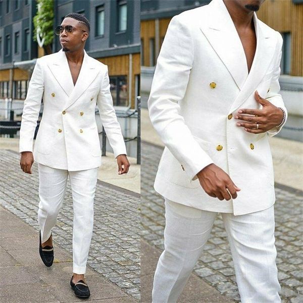 Trajes de lino blanco formal de los hombres de la playa del verano casual desgaste del novio esmoquin de la solapa de la boda del partido de doble botonadura (chaqueta + pantalones) X0608