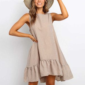 Casual zomer boho jurk plaid o hals off schouder sundress losse plus size ruche vrouwen strand jurk 210527