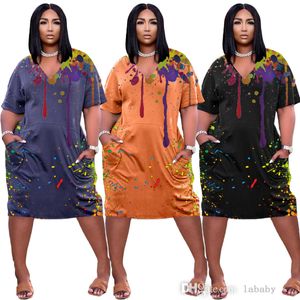 Casual zomerjurk mode inkt spatten print v-hals losse korte mouw t-shirt jurk met pocket plus size s-3xl jurken