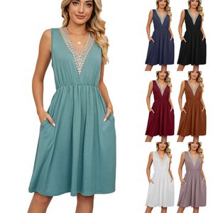 Casual zomerjurk voor vrouwen Designer kleding 2024 Nieuwe mode Solid V Neck Lace Panel Mouwloze pocket taille zachte halter sexy midi -jurken