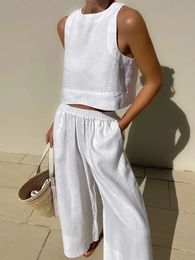 Conjunto de dos piezas de verano informal para mujer, traje blanco liso suelto, Top corto, pantalones de pierna ancha, trajes elegantes y elegantes para mujer 240312