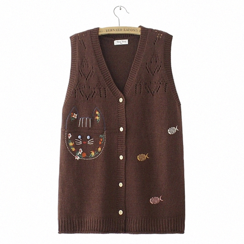 casual Sweater Vest Embroidered Cat Knit Jumpers Plus Size Women Clothing Autumn Winter Hollow Out Cardigans E2 3022 R2bz#