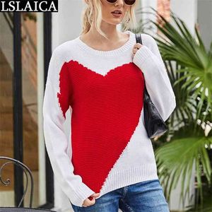 Sweater informal Women Heart Patchwork manga larga O Cuella de cuello Séteres Moda Fashion Tops Femenina suelta Autumn High Street 210515