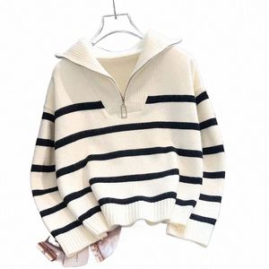 Suéter casual Mujer Cremallera Cuello alto Rayas Pull Femme Thicked Casual Sueter 2022 Ropa Mujer Knit Oversize Cardigan Coat J1l9 #