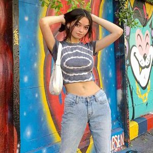 Casual Swirl Print Crop Blue T-Shirt Fille New Summer Streetwear O-Neck Manches Courtes Stretch Tee Shirt Femmes Y2K Top Feminina 210415