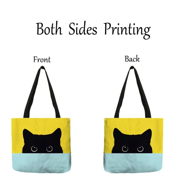 Bolso casual bolso lindo mascota gato negro estampado bolsillo de hombro bolso de hombro para mujeres eco de compradores reutilizables para comprar comestibles