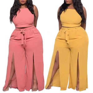 Casual broek pak roze sexy vrouwen losse stropdas halter slanke top + gespleten uitlopende broek tweedelige pak zomer mode dame pak 211116