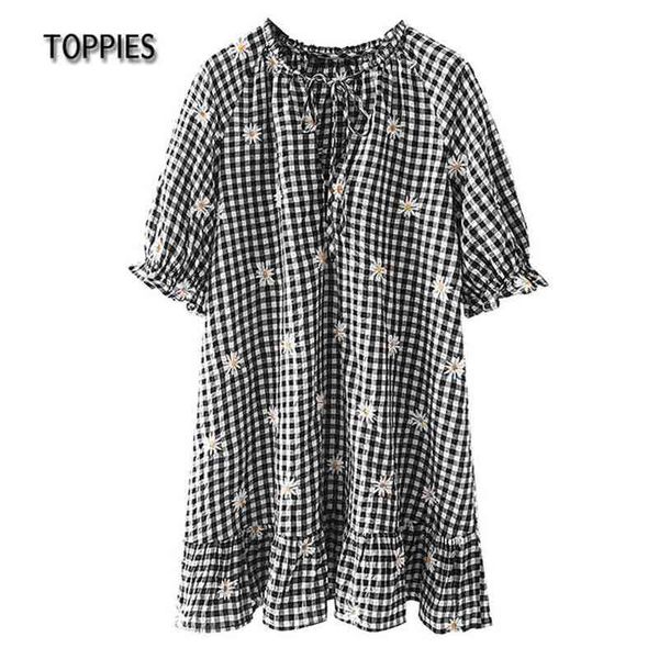 Robe tunique décontractée femme vintage fleur brodée mini plaid volants ourlet 210421