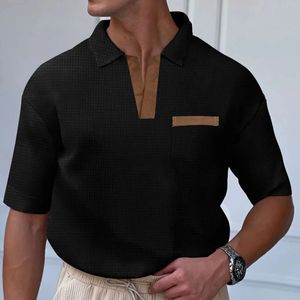 Polo de poche à collier décontracté pour hommes Summer Summer Slim Vintage Waffle Tops Mens Clothes Fashion T-shirt 240423